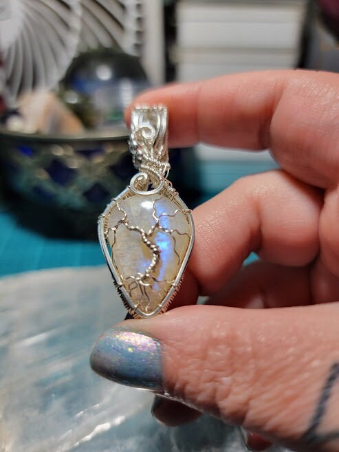 Flashy Belomorite w/Clear Quartz in Sterling Silver Tree Pendant