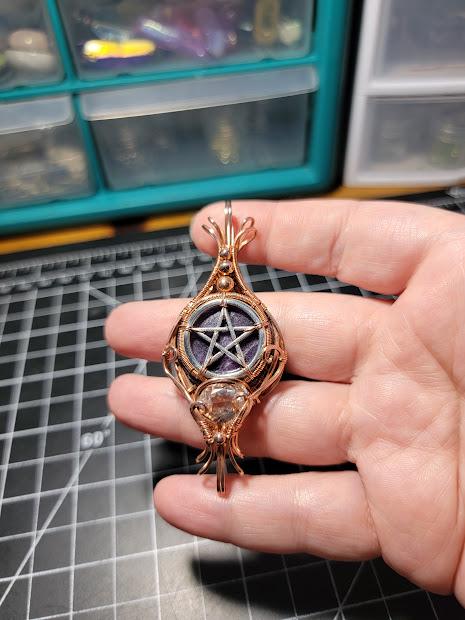 Lepidolite with Clear Quartz in Copper Wire Wrapped Double Bailed Pendant with Stainless Steel Pentacle