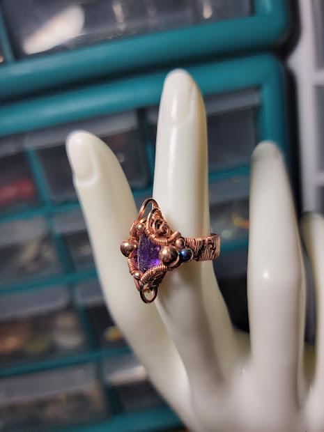 Amethyst in Wire Wrapped Copper Ring Band w/ Rainbow Hematite Sz. 6US