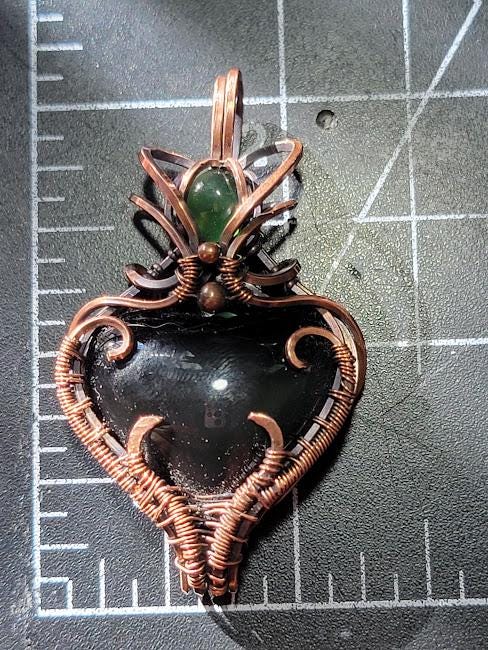 Rainbow Obsidian Heart w/ Serpentine Accent in Antiqued Copper Pendant