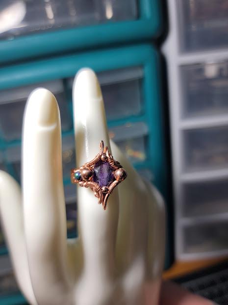 Amethyst in Wire Wrapped Copper Ring Band w/ Rainbow Hematite Sz. 6US
