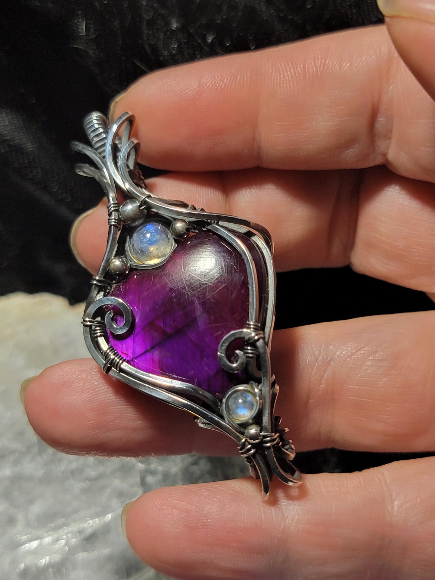 Dyed Pink Labradorite Heart w/ Rainbow Moonstone in Antiqued Silver