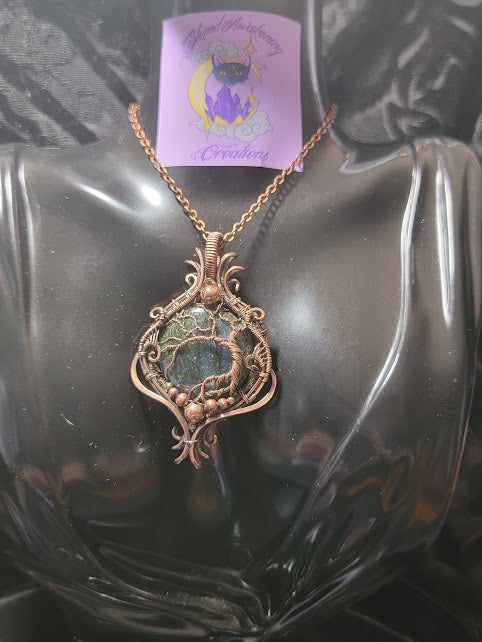 Double Sided Labradorite Tree of LIfe/Crescent Moon Statement Pendant - Antiqued Copper