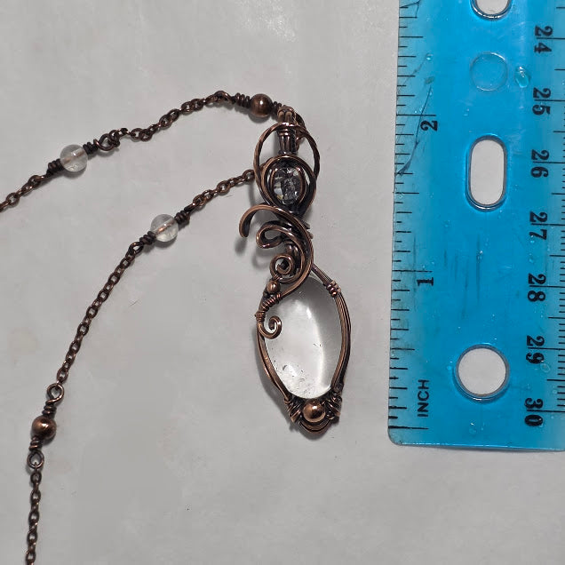 Clear Quartz in Antiqued Copper Pendant on 19" Copper and Quartz Satellite Chain