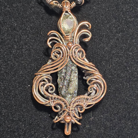 Genuine Moldavite w/ Libyan Desert Glass in Antiqued Copper on 18" Beaded Chain