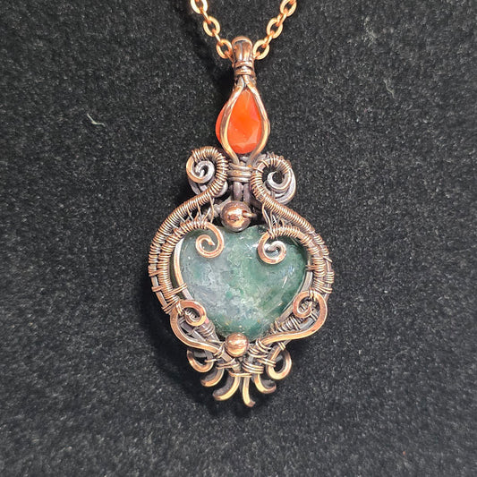 Moss Agate Heart w/ Orange Agate in Antiqued Copper on 18" Chain