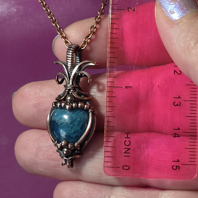 Blue Apatite in Antiqued Copper Pendant on 18" Chain - Always Handmade