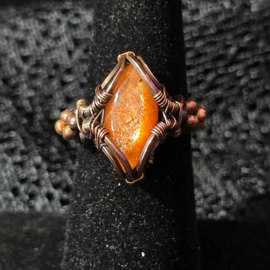 Sunstone in Antiqued Copper Ring with Bead Detail Size 6