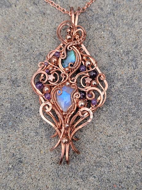 Double Bailed Moonstone and Labradorite Wire Wrapped Copper Pendant with Amethyst Accent Beads