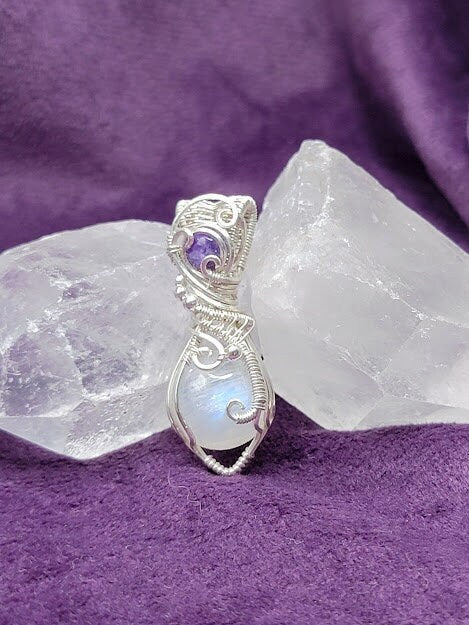 Rainbow Moonstone w/ Charoite in Sterling Silver