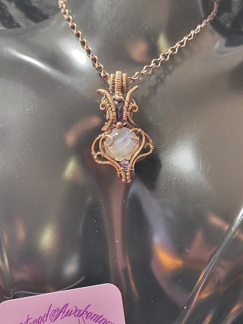 Moonstone with Amethyst in Antiqued Copper Hand Wrapped Pendant