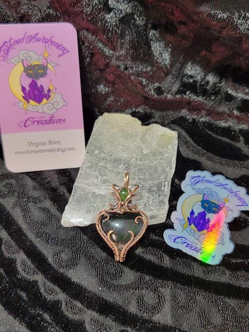 Rainbow Obsidian Heart w/ Serpentine Accent in Antiqued Copper Pendant