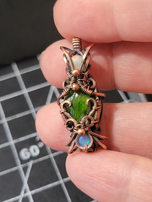 Chrome Diopside with Natural Ethiopian Opals in Antiqued Copper Hand Wrapped Pendant