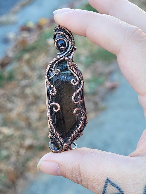 Divine Intuition Talisman - Raw Smoky Quartz Point w/ Genuine Rough Moldavite Chunk & Smooth Amethyst in Antiqued Copper Pendant