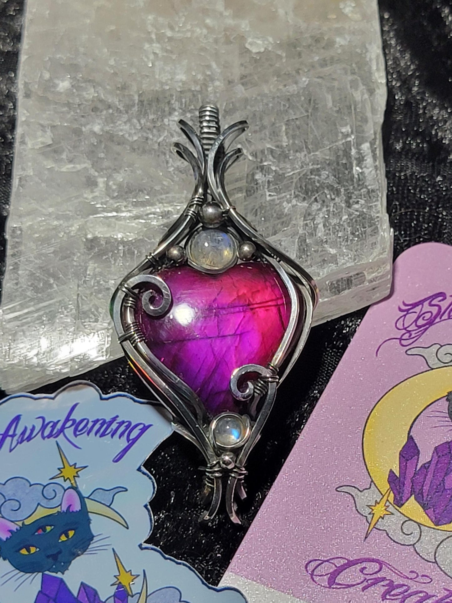 Dyed Pink Labradorite Heart w/ Rainbow Moonstone in Antiqued Silver