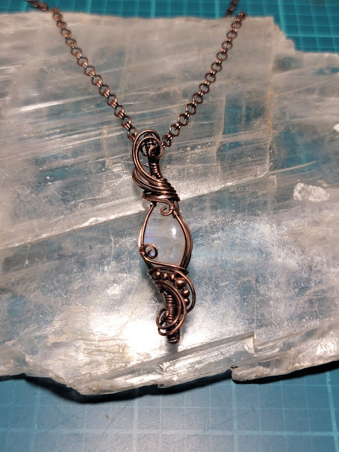 Rainbow Moonstone in Antiqued Copper Double Bail Pendant