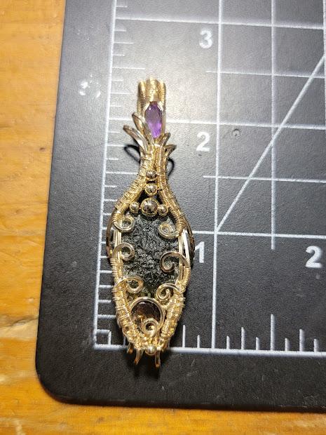 Genuine Rough Moldavite with Amethyst & Smoky Quartz Wrapped in 14k Gold Filled Wire Pendant Comes with 18" Chain