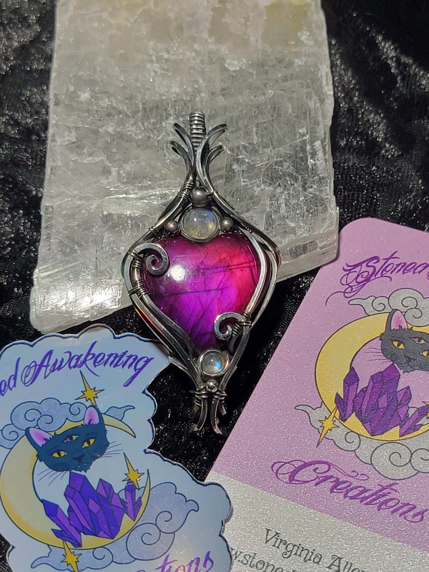 Dyed Pink Labradorite Heart w/ Rainbow Moonstone in Antiqued Silver