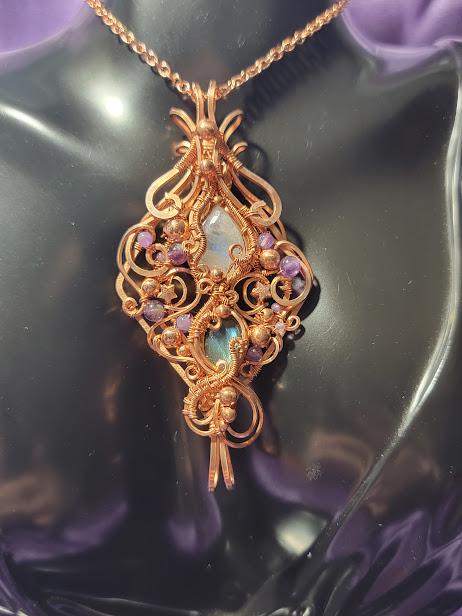 Double Bailed Moonstone and Labradorite Wire Wrapped Copper Pendant with Amethyst Accent Beads