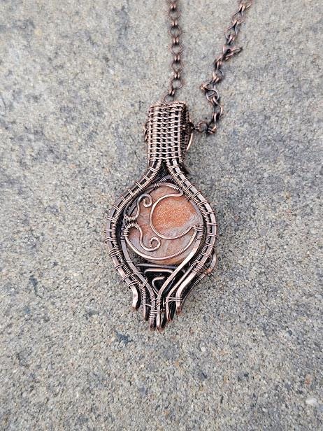 Sunstone w/ Moldavite & Libyan Desert Glass in Antiqued Copper Wire Wrapped Pendant Backed w/ Crescent Moon Detail