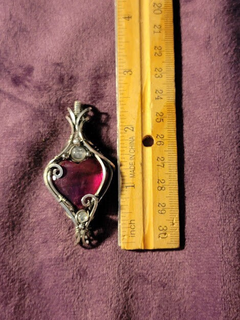 Dyed Pink Labradorite Heart w/ Rainbow Moonstone in Antiqued Silver