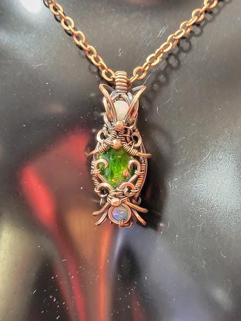 Chrome Diopside with Natural Ethiopian Opals in Antiqued Copper Hand Wrapped Pendant