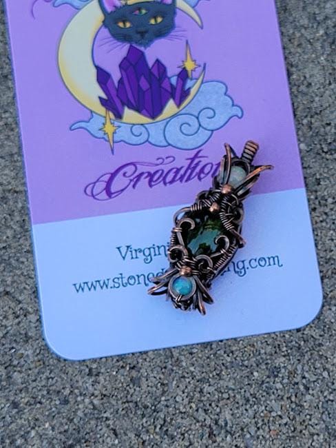 Chrome Diopside with Natural Ethiopian Opals in Antiqued Copper Hand Wrapped Pendant