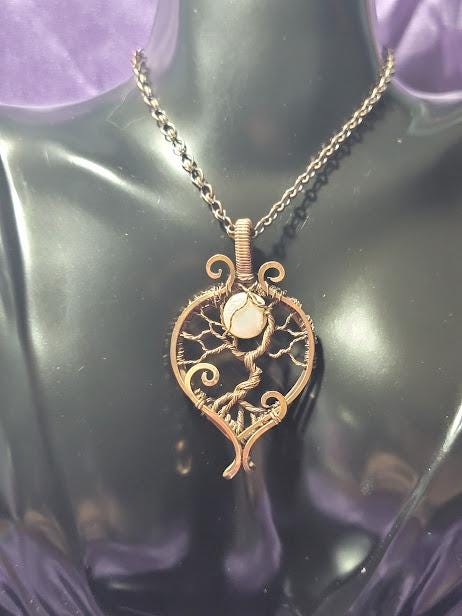 Antiqued Copper Tree of Life w/ Mother of Pearl Moon Hand Wrapped Pendant