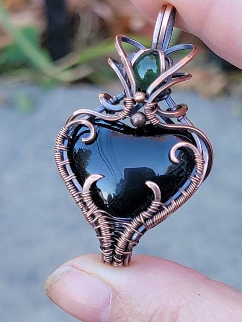 Rainbow Obsidian Heart w/ Serpentine Accent in Antiqued Copper Pendant