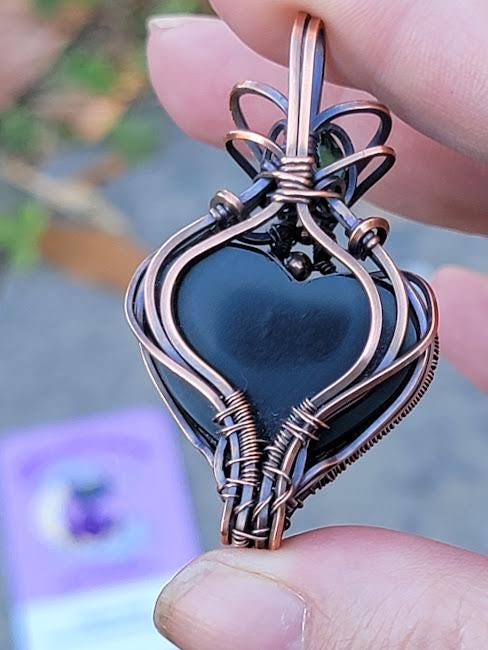 Rainbow Obsidian Heart w/ Serpentine Accent in Antiqued Copper Pendant