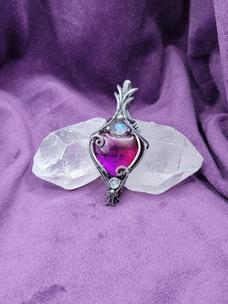 Dyed Pink Labradorite Heart w/ Rainbow Moonstone in Antiqued Silver