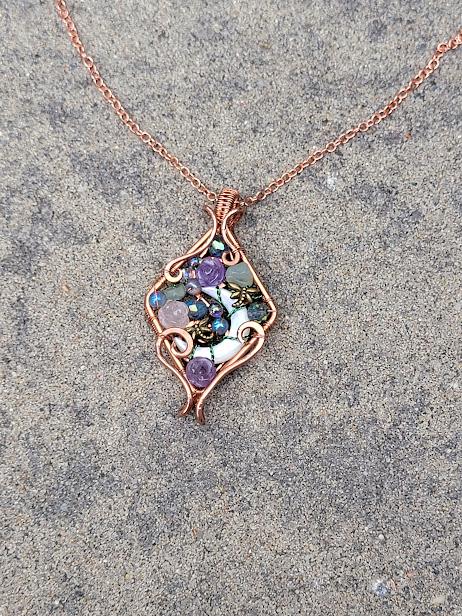 Mother of Pearl Crescent Moon w/ Assorted Glass Beads and Amethyst & Rose Quartz Roses in Untreated Raw Coppper