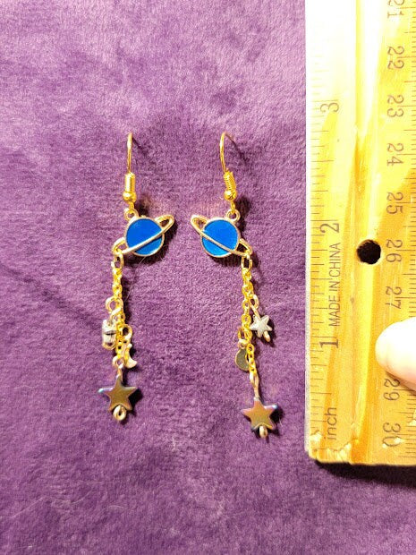Dangly Saturn w/ Moon and Stars Earrings - Gold Plated