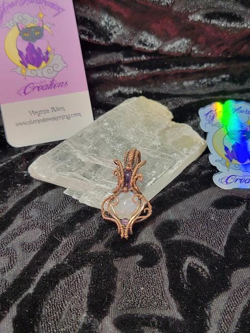 Moonstone with Amethyst in Antiqued Copper Hand Wrapped Pendant
