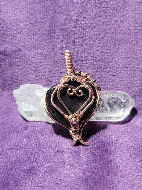 Purple Flash Rainbow Obsidian Heart w/ Amethyst Rose in Bright Copper Pendant