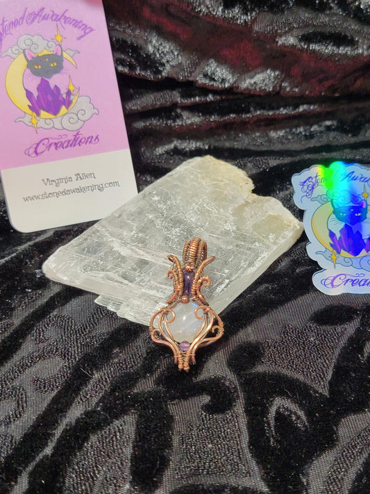 Moonstone with Amethyst in Antiqued Copper Hand Wrapped Pendant