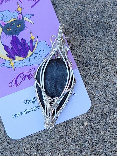 Silver Sheen Obsidian w/ Moonstone Accent in Sterling Silver Wire Wrapped Pendant