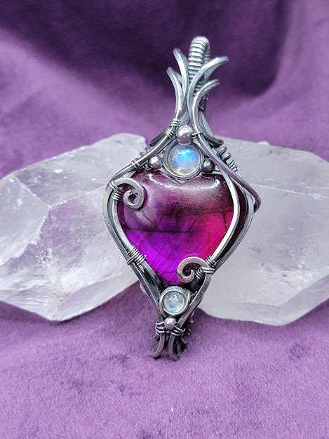 Dyed Pink Labradorite Heart w/ Rainbow Moonstone in Antiqued Silver