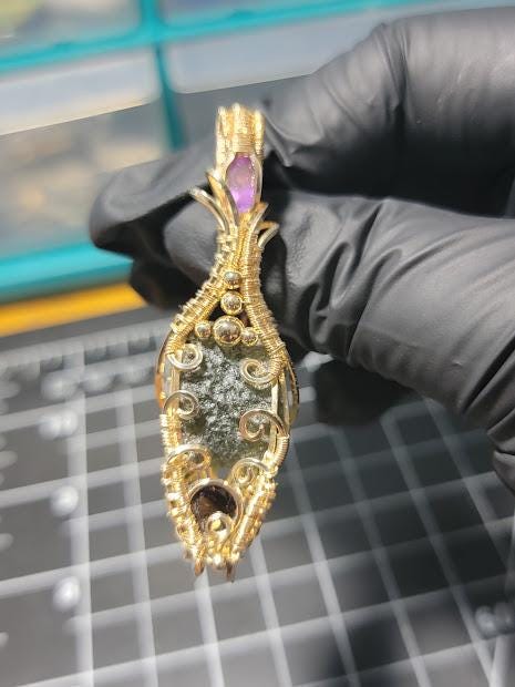 Genuine Rough Moldavite with Amethyst & Smoky Quartz Wrapped in 14k Gold Filled Wire Pendant Comes with 18" Chain