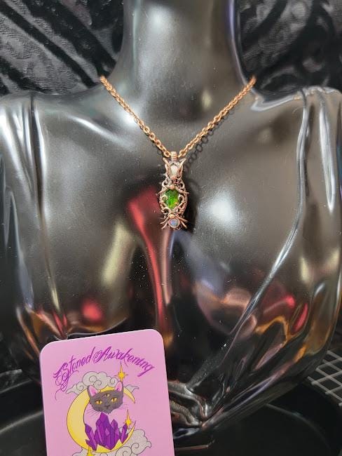 Chrome Diopside with Natural Ethiopian Opals in Antiqued Copper Hand Wrapped Pendant