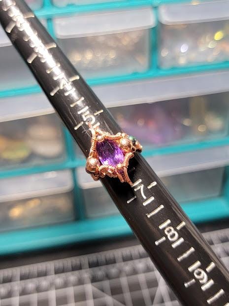 Amethyst in Wire Wrapped Copper Ring Band w/ Rainbow Hematite Sz. 6US