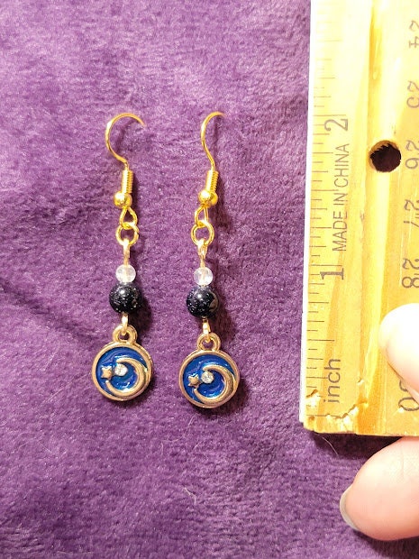 Dangly Celestial Earrings w/ Blue Goldstone & Moonstone on Gold Plated Wire