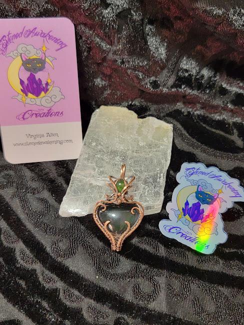 Rainbow Obsidian Heart w/ Serpentine Accent in Antiqued Copper Pendant