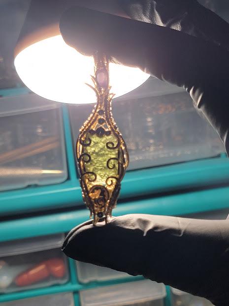 Genuine Rough Moldavite with Amethyst & Smoky Quartz Wrapped in 14k Gold Filled Wire Pendant Comes with 18" Chain