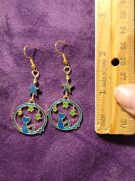 Dangly Cat on the Moon Earrings - Gold Plated