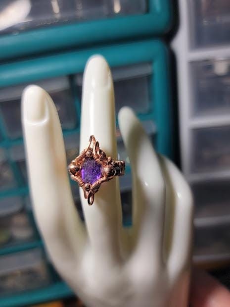 Amethyst in Wire Wrapped Copper Ring Band w/ Rainbow Hematite Sz. 6US
