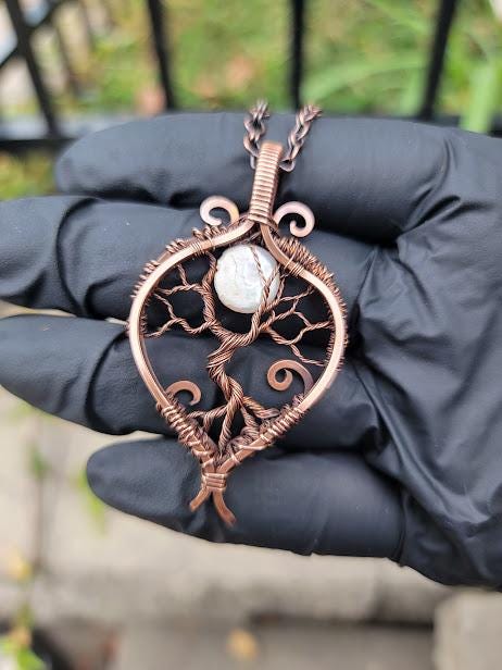 Antiqued Copper Tree of Life w/ Mother of Pearl Moon Hand Wrapped Pendant