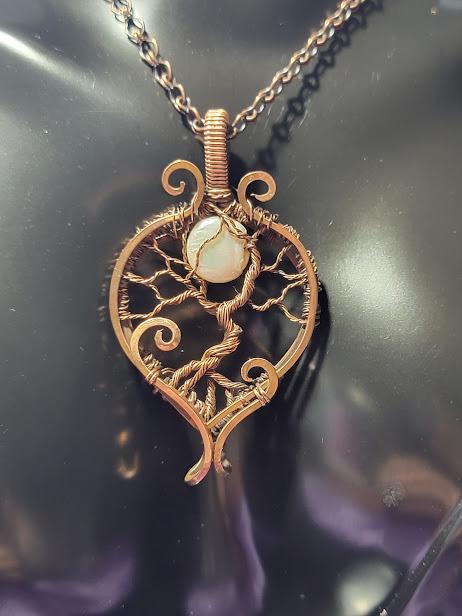 Antiqued Copper Tree of Life w/ Mother of Pearl Moon Hand Wrapped Pendant