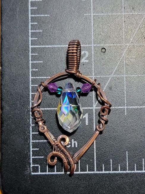 Antiqued Copper and Glass Sun-Catcher Wire Wrapped Pendant