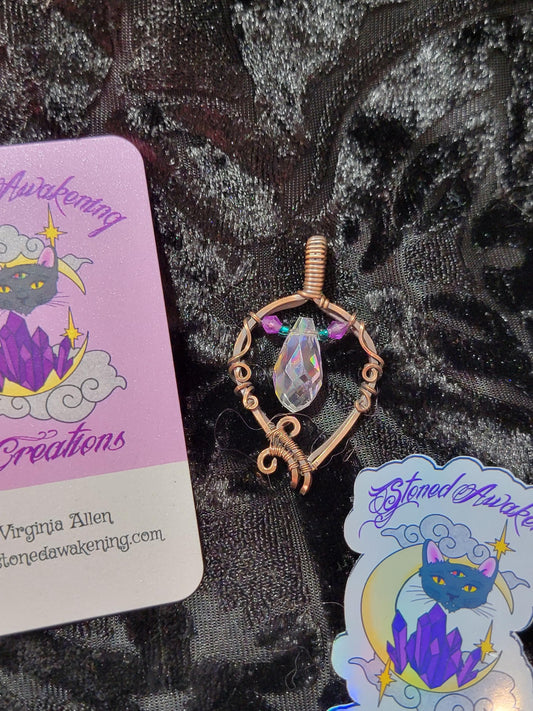 Antiqued Copper and Glass Sun-Catcher Wire Wrapped Pendant